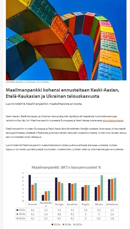 Jahon bankining Markaziy Osiyo iqtisodiyoti uchun prognozi Finlyandiya ishbilarmon doiralari diqqat markazida