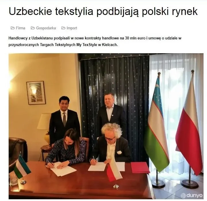 «Rynek inwestycji» портали: Ўзбек тўқимачилик маҳсулотлари Польша бозорини забт этмоқда