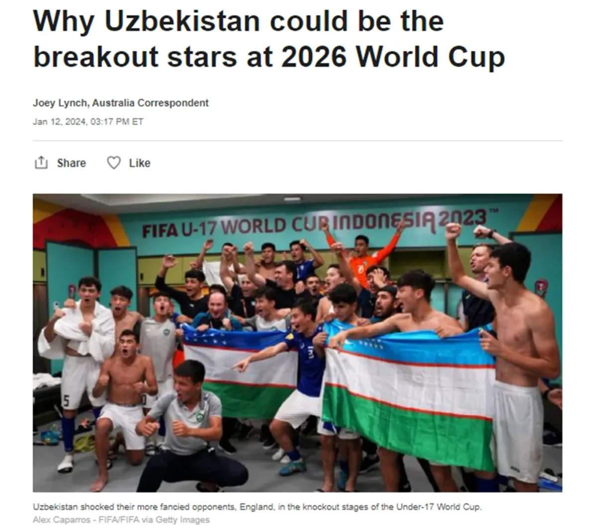 ESPN: Ўзбекистон «оқ бўрилари» футбол бўйича 2026 йилги Жаҳон чемпионати юлдузига айланиши мумкин