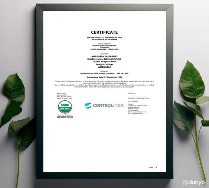 "BMB Holding" kompaniyasi mahsuloti AQSh Qishloq xo'jaligi vazirligi tomonidan ishlab chiqilgan ekologik sertifikatga ega bo'ldi