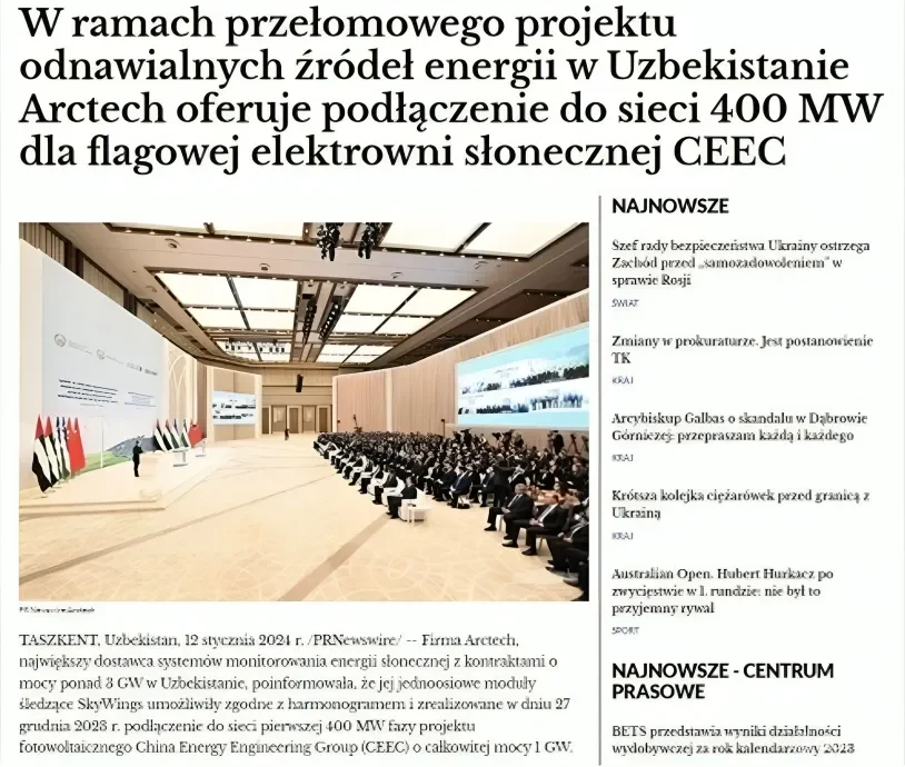 O'zbekistonda quyosh elektr stansiyasini ishga tushirilishi Polsha ommaviy axborot vositalarining nigohida