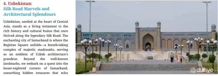 Hindistonda O'zbekiston 2024-yildagi yettita eng yaxshi sayohat yo'nalishlari ro'yxatiga kiritildi