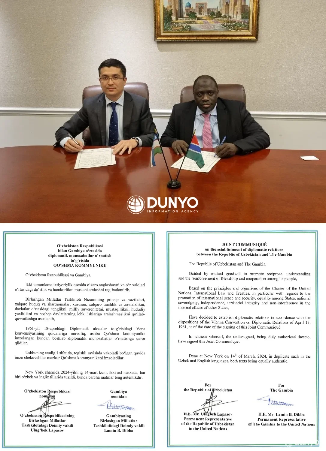 O'zbekiston va Gambiya o'rtasida diplomatik munosabatlar o'rnatildi