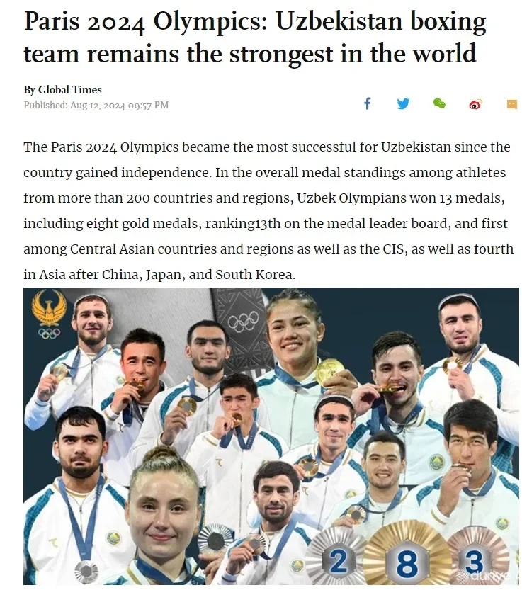 Газета «Global Times»: Олимпийские игры 2024 года в Париже стали самыми успешными для Узбекистана с момента обретения страной независимости