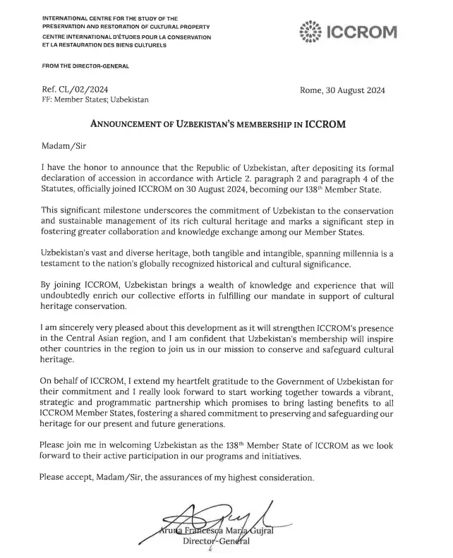 Узбекистан стал членом Международного исследовательского центра по сохранению и реставрации культурных ценностей ЮНЕСКО