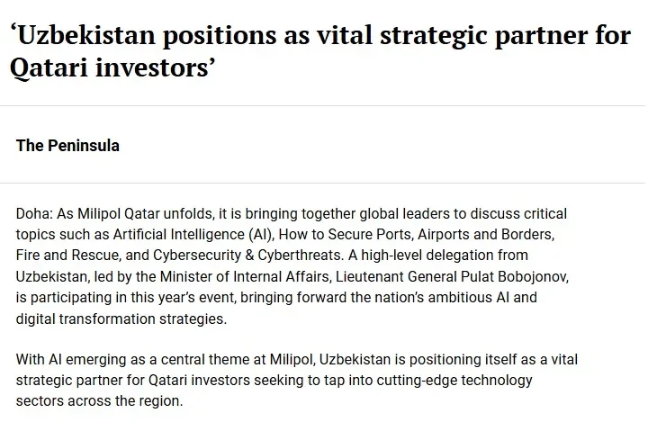 "The Peninsula" газетаси: Сунъий интеллект Қатар ва Ўзбекистон иқтисодиётларининг келажагини шакллантиришда муҳим роль ўйнайди