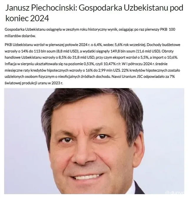 Взгляд из Польши: Экономика Узбекистана достигла исторических результатов, впервые достигнув ВВП в 100 миллиардов долларов