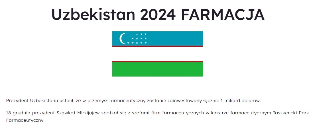 "Polsha-Osiyo" savdo palatasi: O'zbekiston farmatsevtika sanoatiga 1 milliard dollar miqdorida investitsiya kiritadi