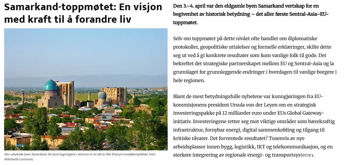 "Geopolitika.no" jurnali: Samarqandda bo'lib o'tgan "Markaziy Osiyo – Yevropa Ittifoqi" sammiti ikki mintaqa hayotini o'zgartirish salohiyatiga ega strategik bosqich bo'ldi