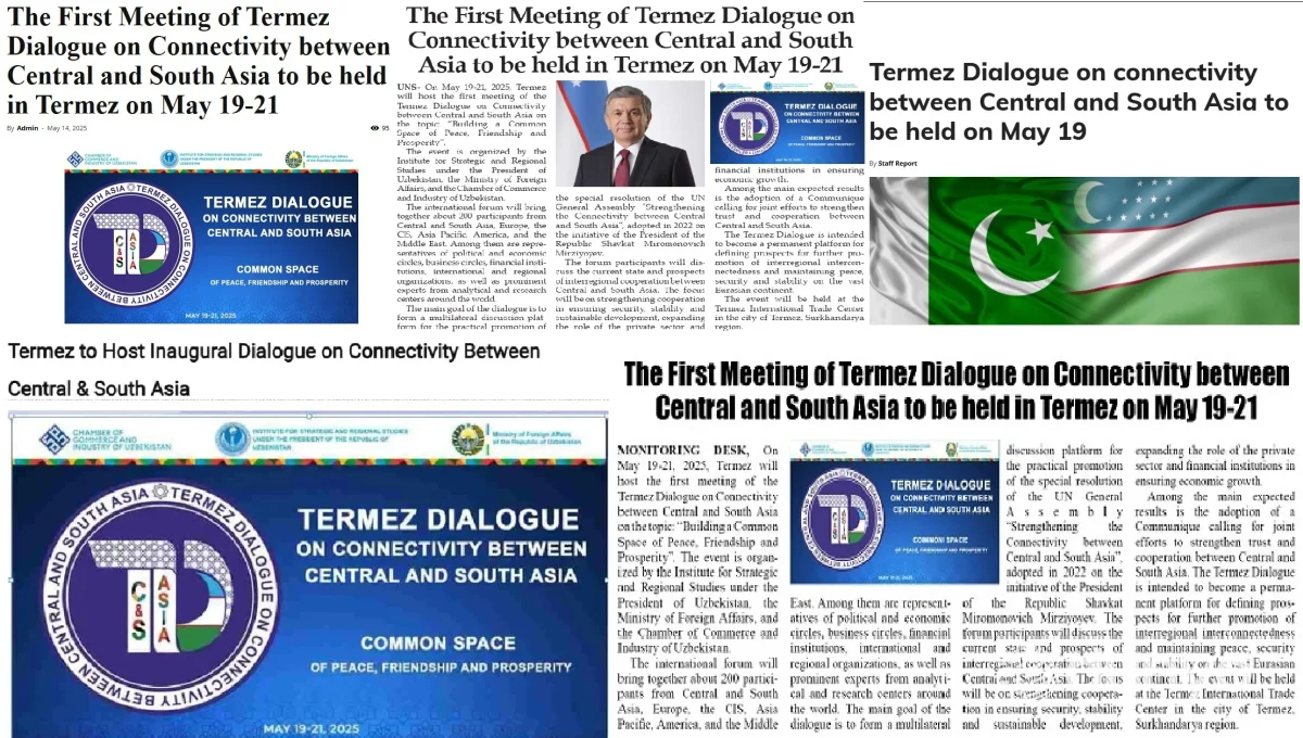 Покистон ОАВ: Термиз шаҳри Марказий ва Жанубий Осиё ўртасидаги алоқалар бўйича Термиз мулоқотининг биринчи йиғилишини қабул қилади