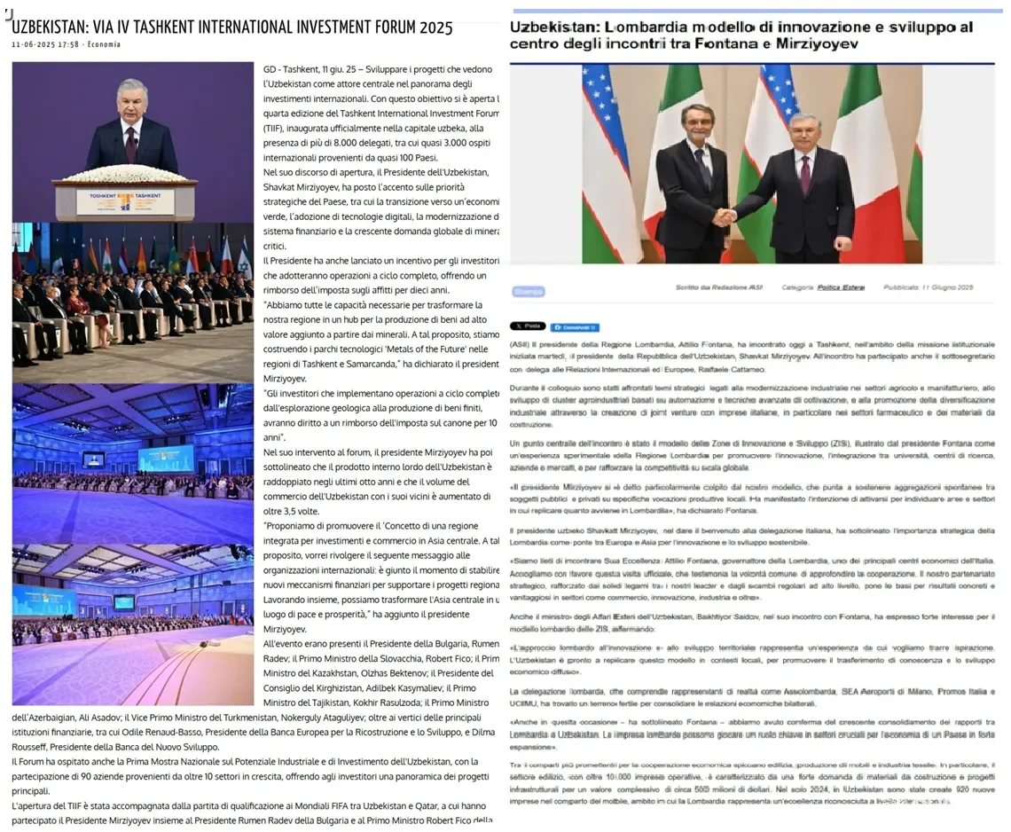 Тошкент халқаро инвестиция форуми ва унинг доирасида бўлиб ўтган тадбирлар Италия ОАВ диққат марказида