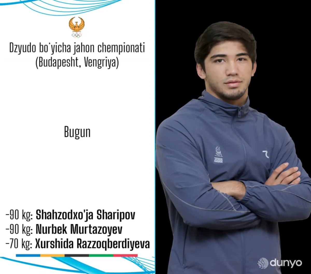 Bugun Budapeshtda o'tayotgan dzyudo bo'yicha Jahon chempionatida uch nafar vakilimiz kurash olib boradi