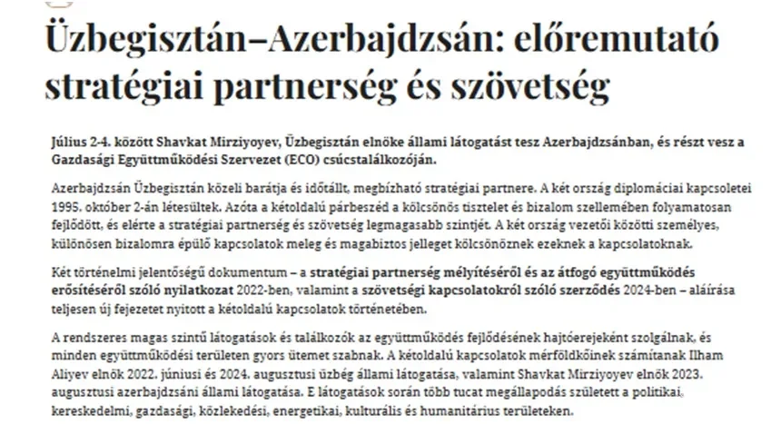 «Hello Magyar»: Стратегическое партнёрство и союзнические отношения между Узбекистаном и Азербайджаном служат эталоном регионального сотрудничества