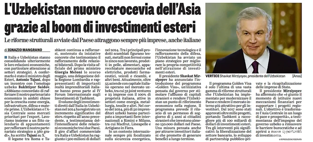 "La Verita" газетаси: Ўзбекистондаги тизимли ислоҳотлар Италия компанияларини тобора кўпроқ ўзига жалб қилмоқда