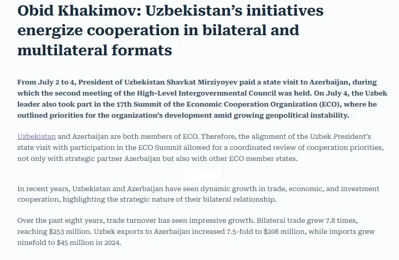 "Daily News Hungary": Ўзбекистон Президентининг Озарбайжонга ташрифи икки томонлама ва минтақавий ҳамкорликка туртки берди