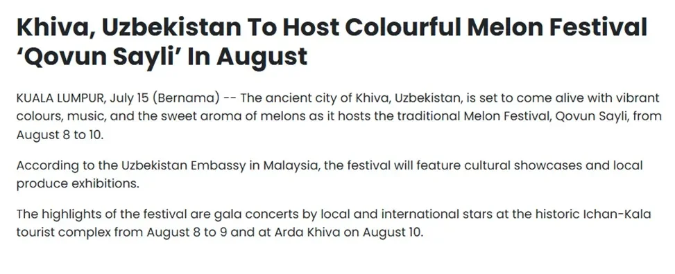 СМИ Малайзии пишут о предстоящем фестивале «Qovun sayli» в Хиве