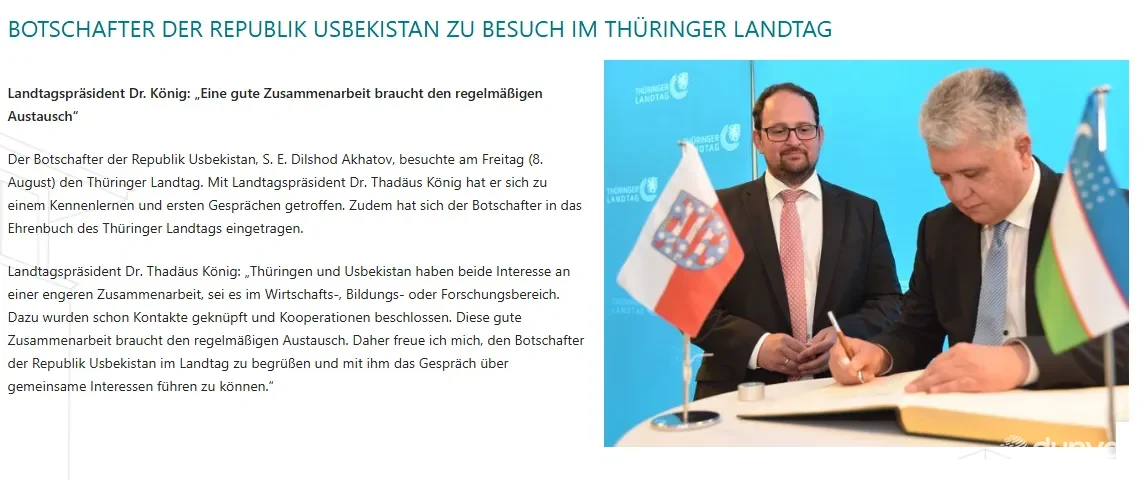 Тюрингия ландтаги президенти: Ўзбекистон билан барча йўналишларда ҳамкорликни ривожлантиришдан манфаатдормиз