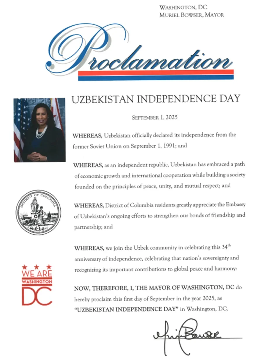 Vashingtonda 1-sentabr – O'zbekiston mustaqilligining 34 yilligi kuni deb e'lon qilindi