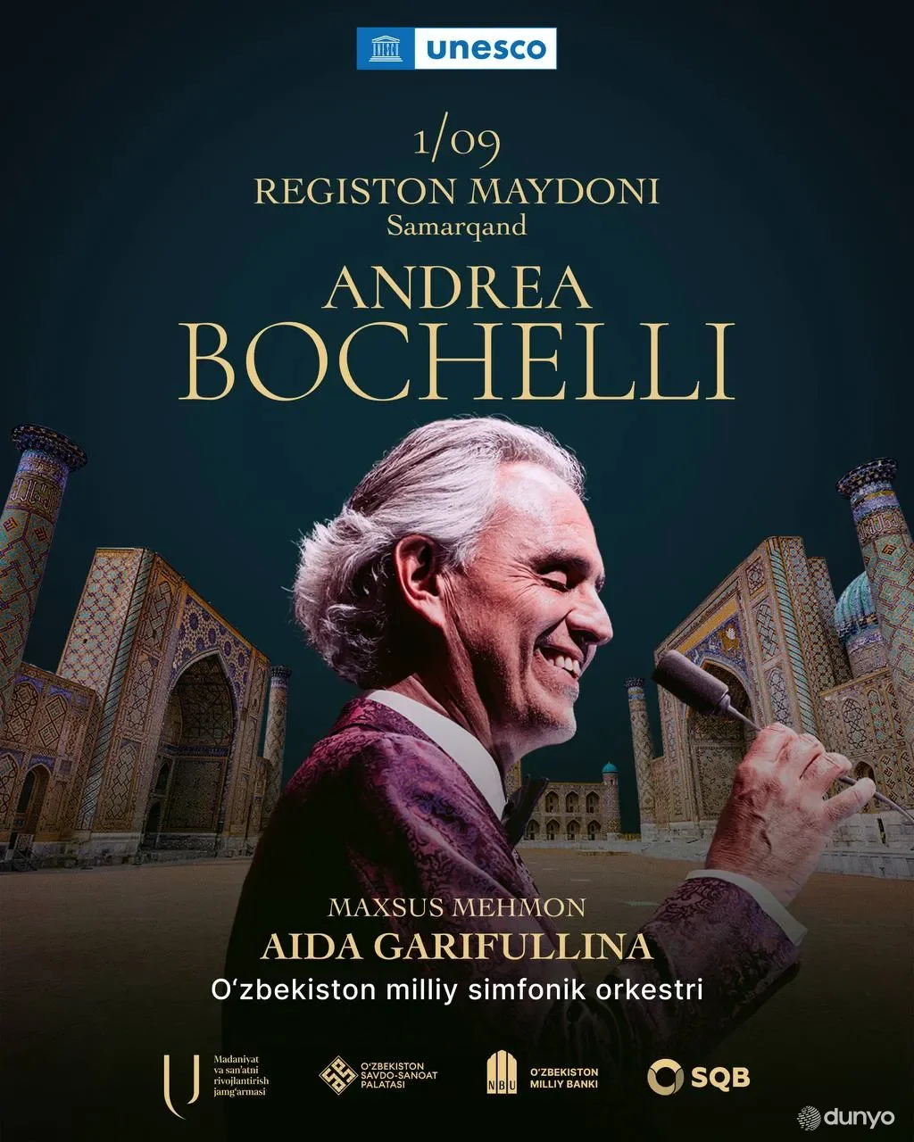 1 сентябрь куни Регистон майдонида дунёга машҳур итальян тенори Андреа Бочеллининг концерт дастури бўлиб ўтади