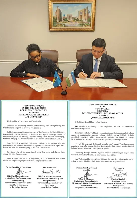 O'zbekiston va Sent-Lyusiya o'rtasida diplomatik munosabatlar o'rnatildi