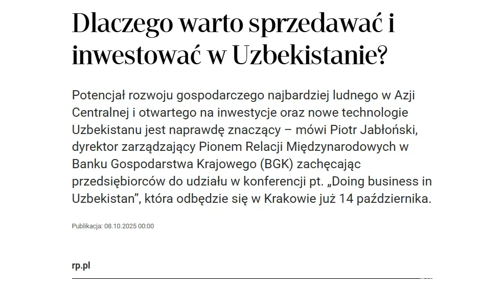 "Rzeczpospolita" gazetasi: 14 oktabr kuni Krakovda "O'zbekistonda biznes qiling" mavzusida konferensiya bo'lib o'tadi