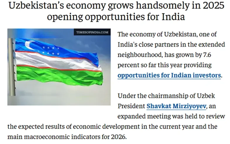 "The Economic Times": Ўзбекистон иқтисодиёти изчил суръатлар билан ўсиб, Ҳиндистон учун янги имкониятлар очмоқда