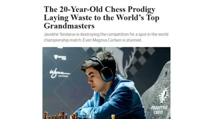 “The Wall Street Journal”: 20 ёшли ўзбек шахмат вундеркинди дунёнинг энг кучли гроссмейстерларини мағлуб этмоқда